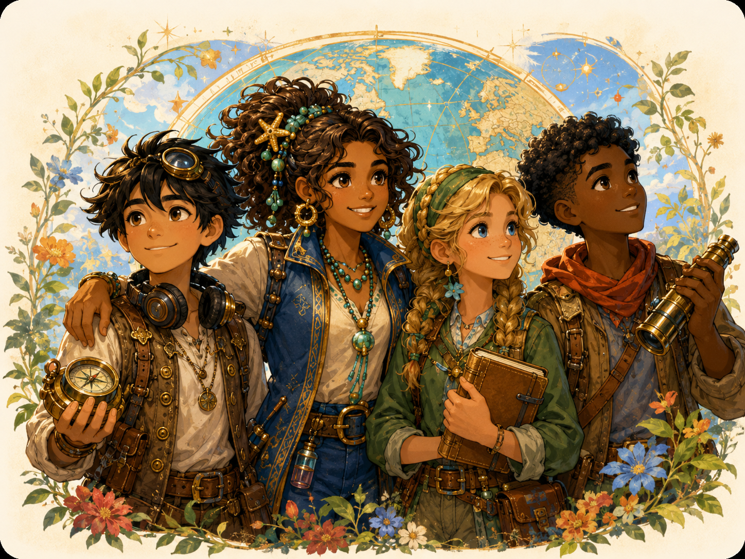 A diverse group of young explorers standing together in a decorative illustrated frame.
