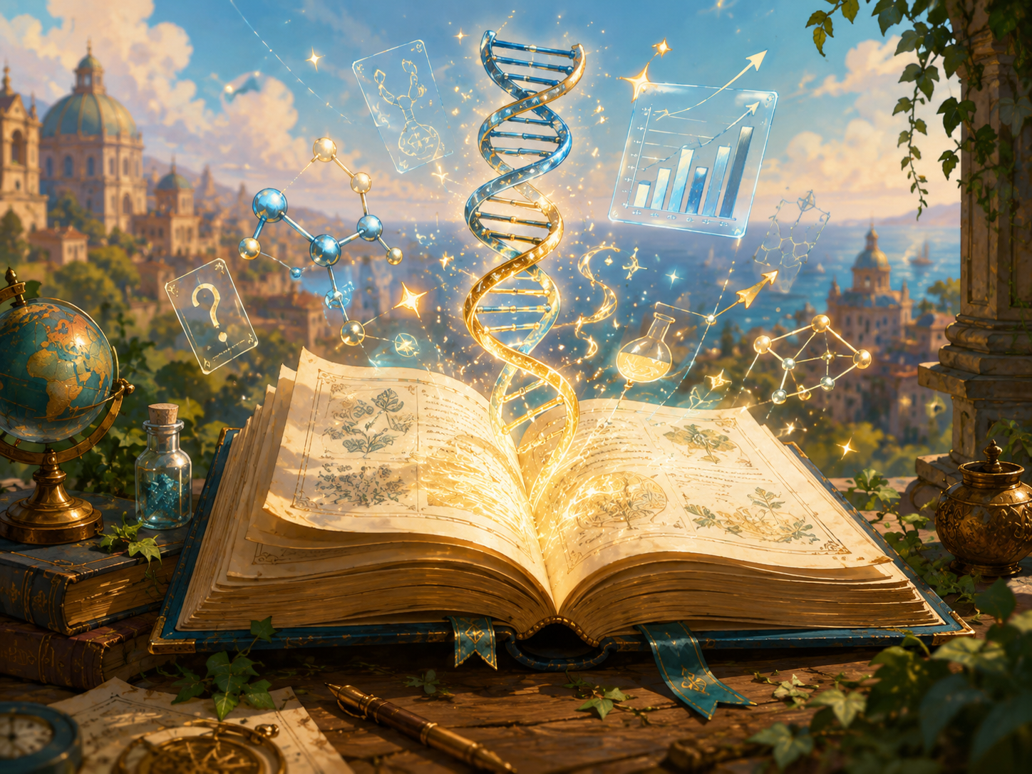A glowing book with DNA, molecules, and charts rising from its pages.
