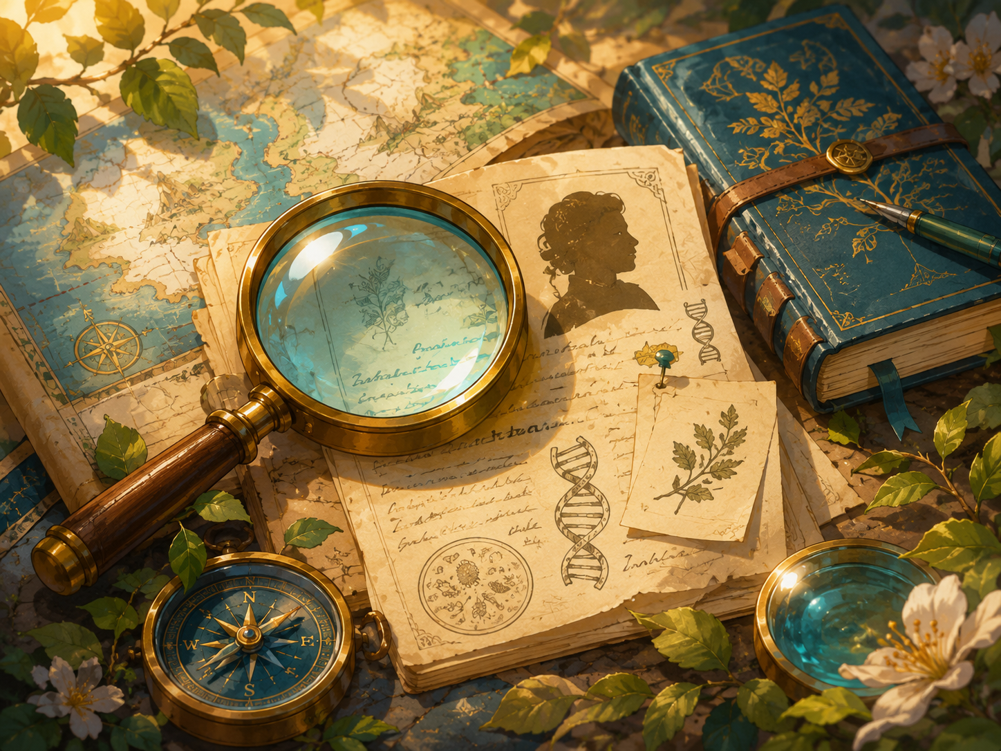A mystery desk with a magnifying glass, maps, plant notes, and clues.