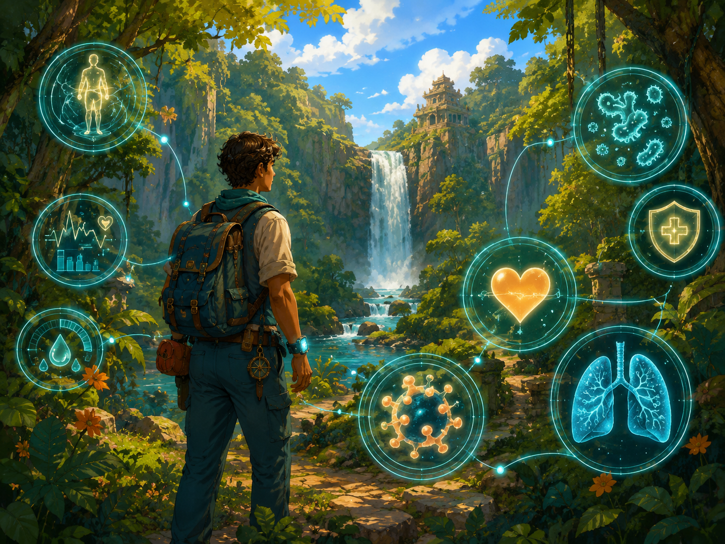 An explorer facing a waterfall valley with wearable and biomedical clue overlays.