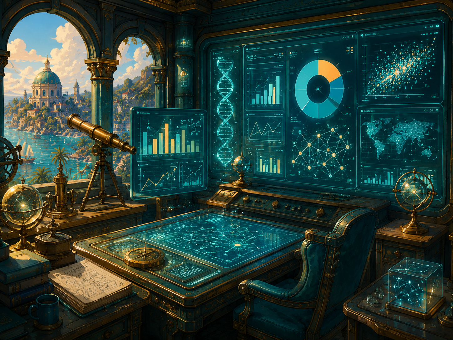 An observatory-like room filled with data displays and scientific visualizations.