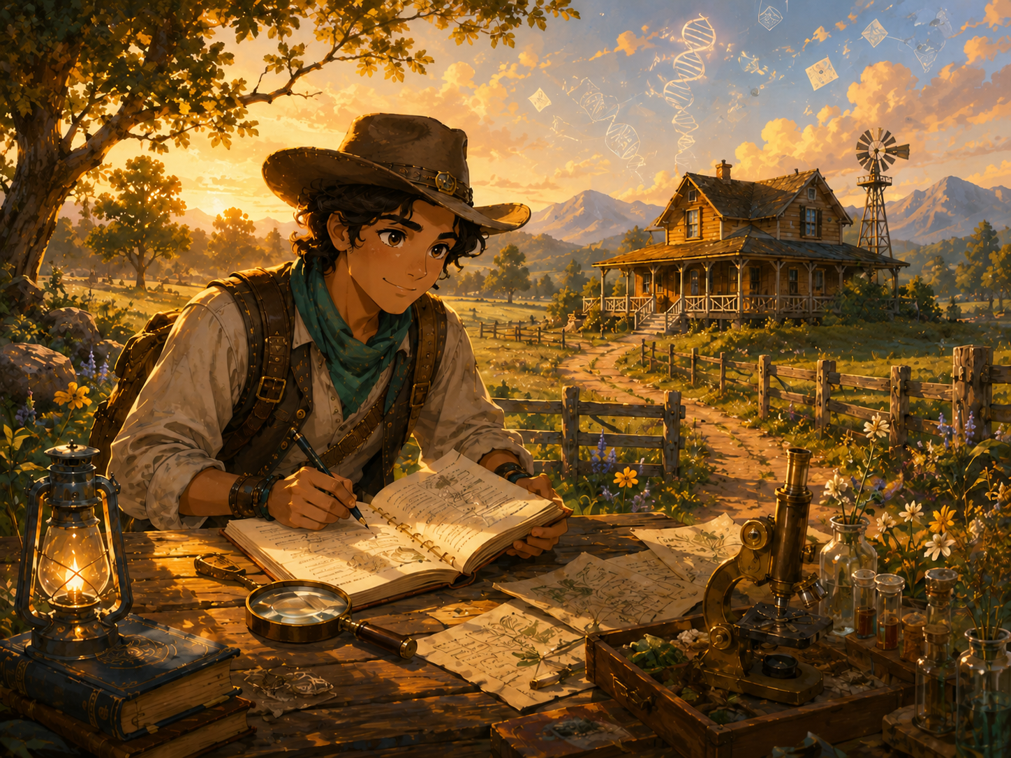 A cowboy-inspired young explorer studying notes in a sunlit countryside scene.